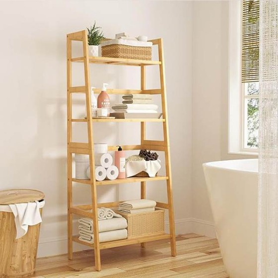 A four-layer bamboo ladder-type bookshelf storage rack for bedrooms and bathrooms